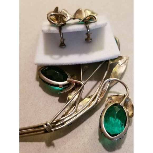 Sterling Silver Green Stone Floral Brooch Pin and Earring Set Celibity Owned JS6 - Picture 9 of 9
